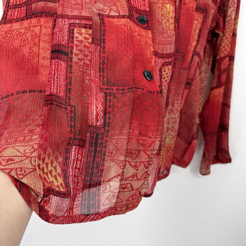 Chicos 3 Silk Crepe Button Up Top XL Red Patchwork Print Long Sleeve Artsy - Picture 5 of 11